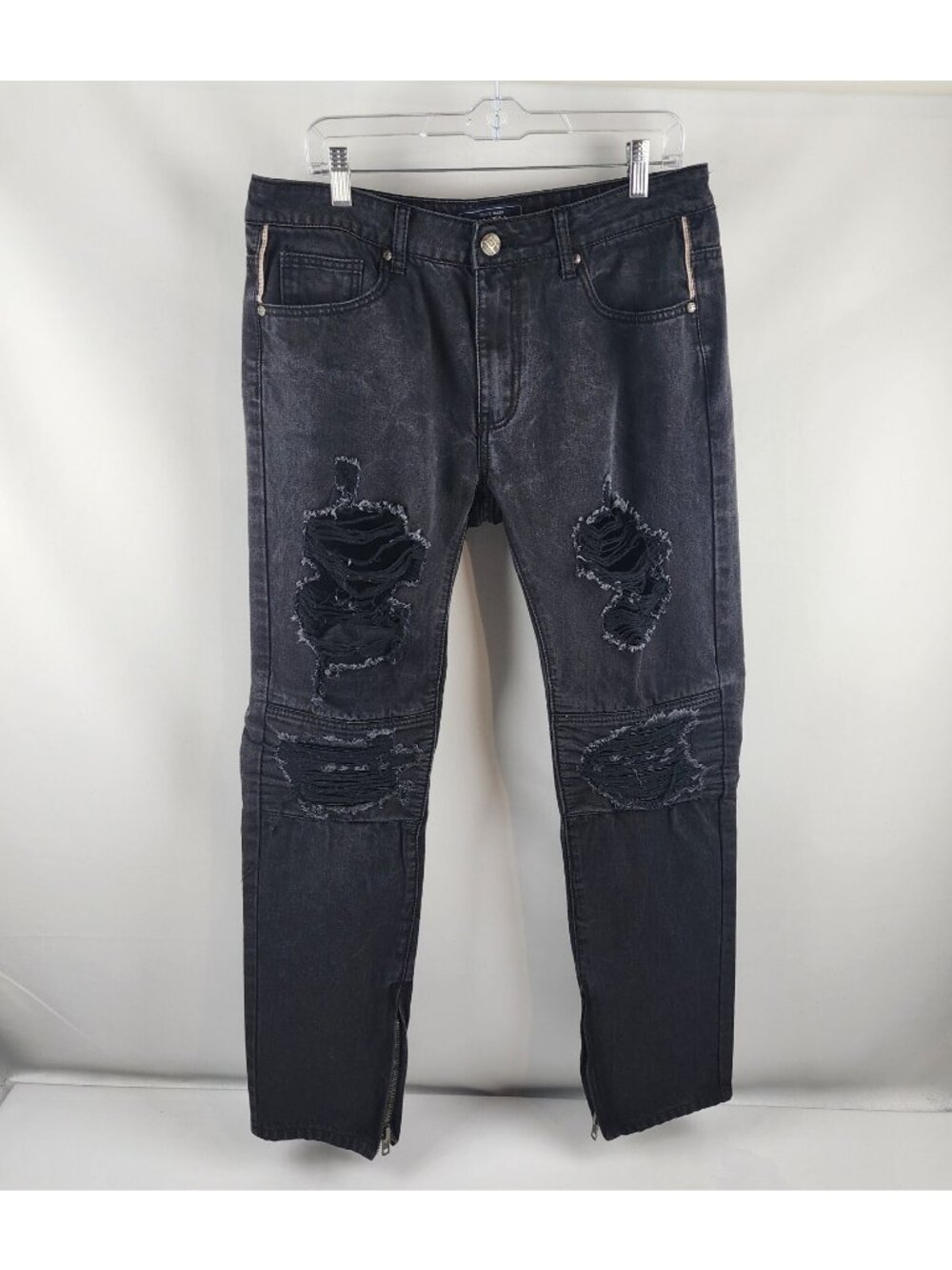 Damati Jeans Mens 34x31 Upscale Black Biker Distressed Ankle Zip Los Angeles USA